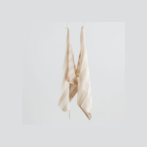 100% French Linen Tea Towel - Set 2-Wide Natural Stripe