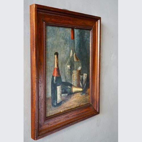 French Still-Life Oil Painting of Wine Bottles