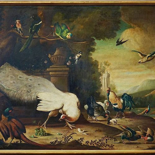 Large French Antique Oil Painting of Birds
