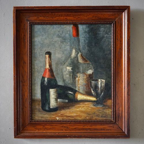 French Still-Life Oil Painting of Wine Bottles