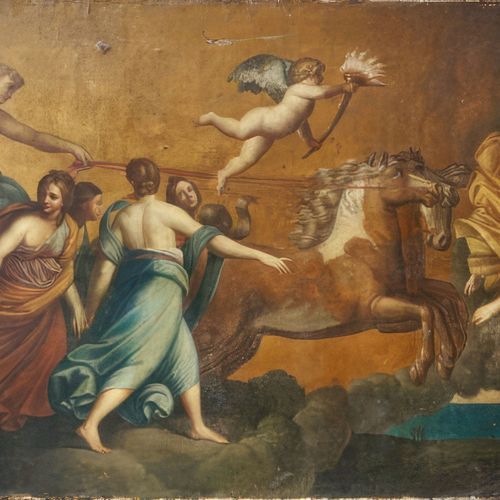 Large Italian Antique Oil Painting of Aurora & Apollo