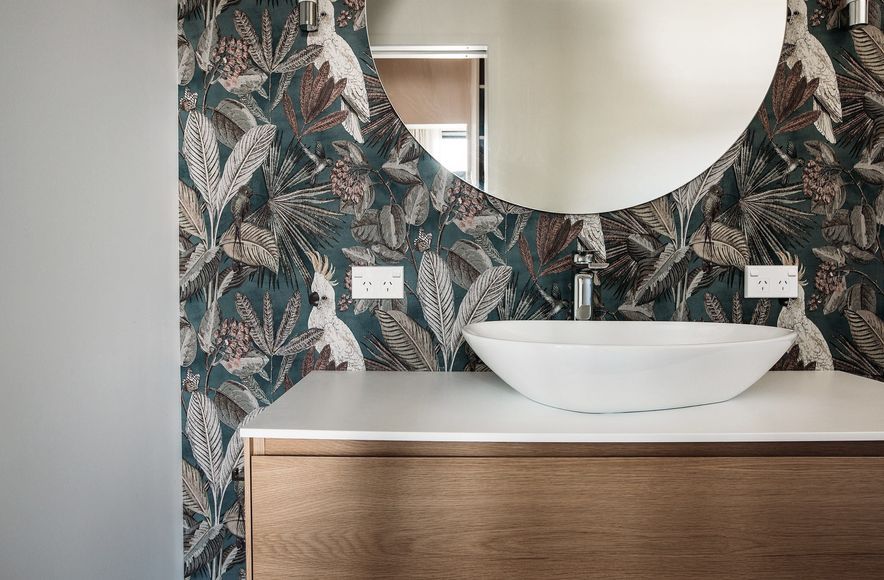 Wallpaper and Tiled Bathroom Design
