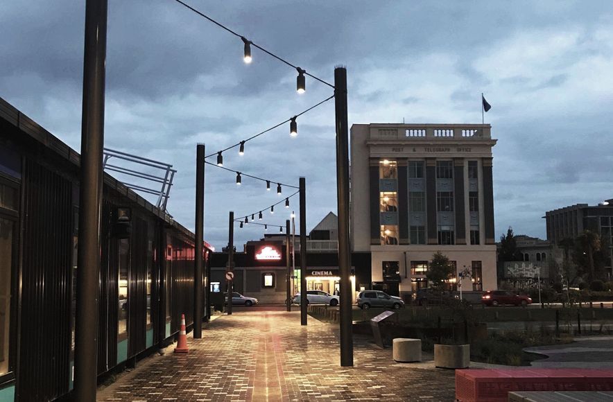 South Frame catenary lighting and mesh-infilled green screens - Christchurch CBD