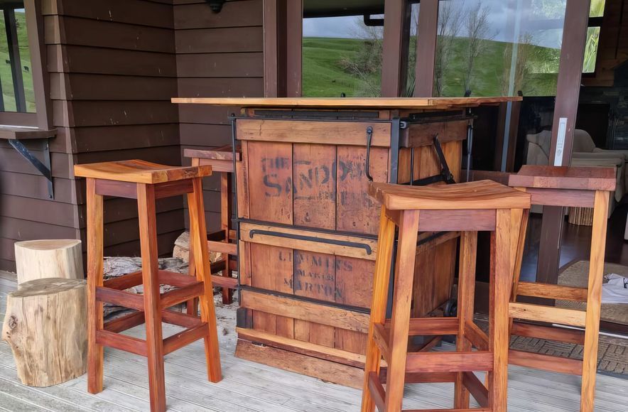 Wool Press Bar Leaner and Bar Stools