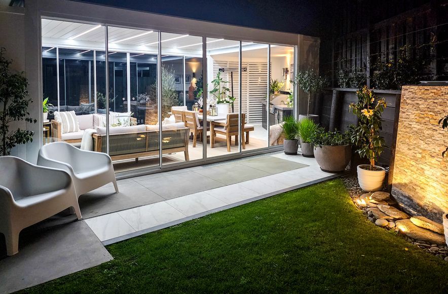 Custom Louvred pergola + Glass Sliding Door + Shutter Wall