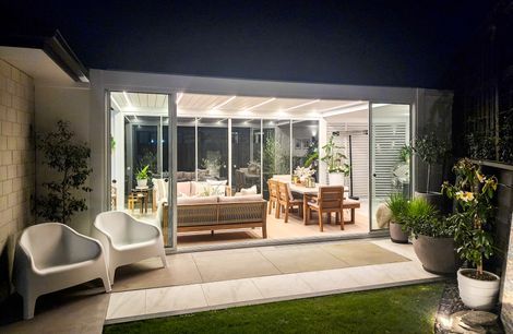 Custom Louvred pergola + Glass Sliding Door + Shutter Wall