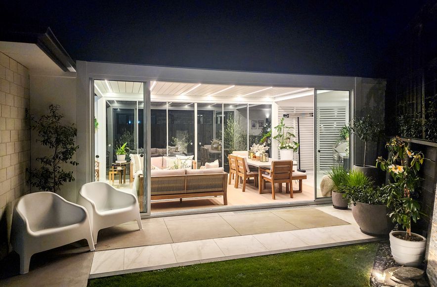 Custom Louvred pergola + Glass Sliding Door + Shutter Wall