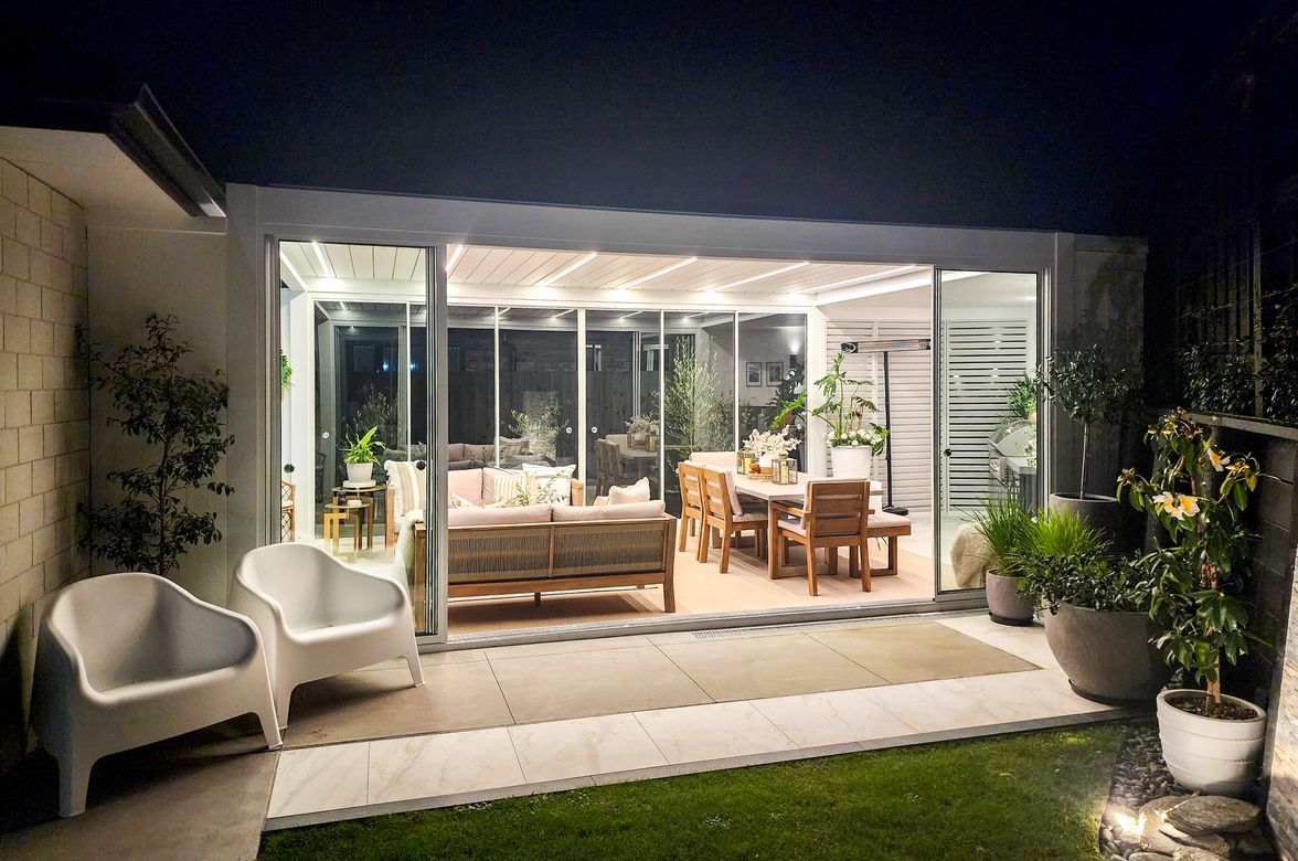 Custom Louvred pergola + Glass Sliding Door + Shutter Wall