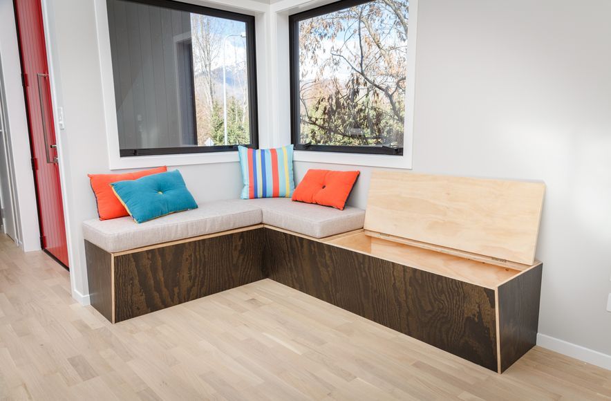 A striking feature wall in black satin plywood
