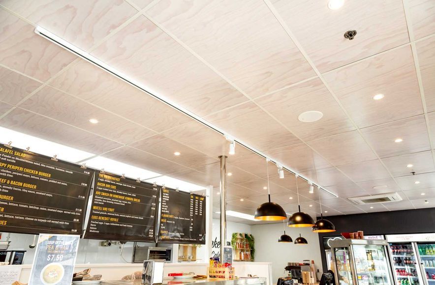 Hygienic ceiling tiles printed with a timber pattern